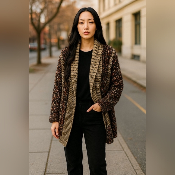BKE Black and Cream Chunky Knit Cardigan - Picture 1 of 14